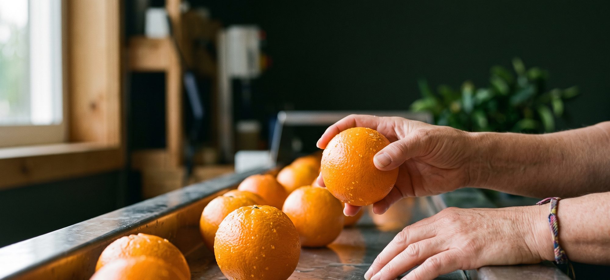 Mãos selecionando laranjas frescas sobre bancada de inox