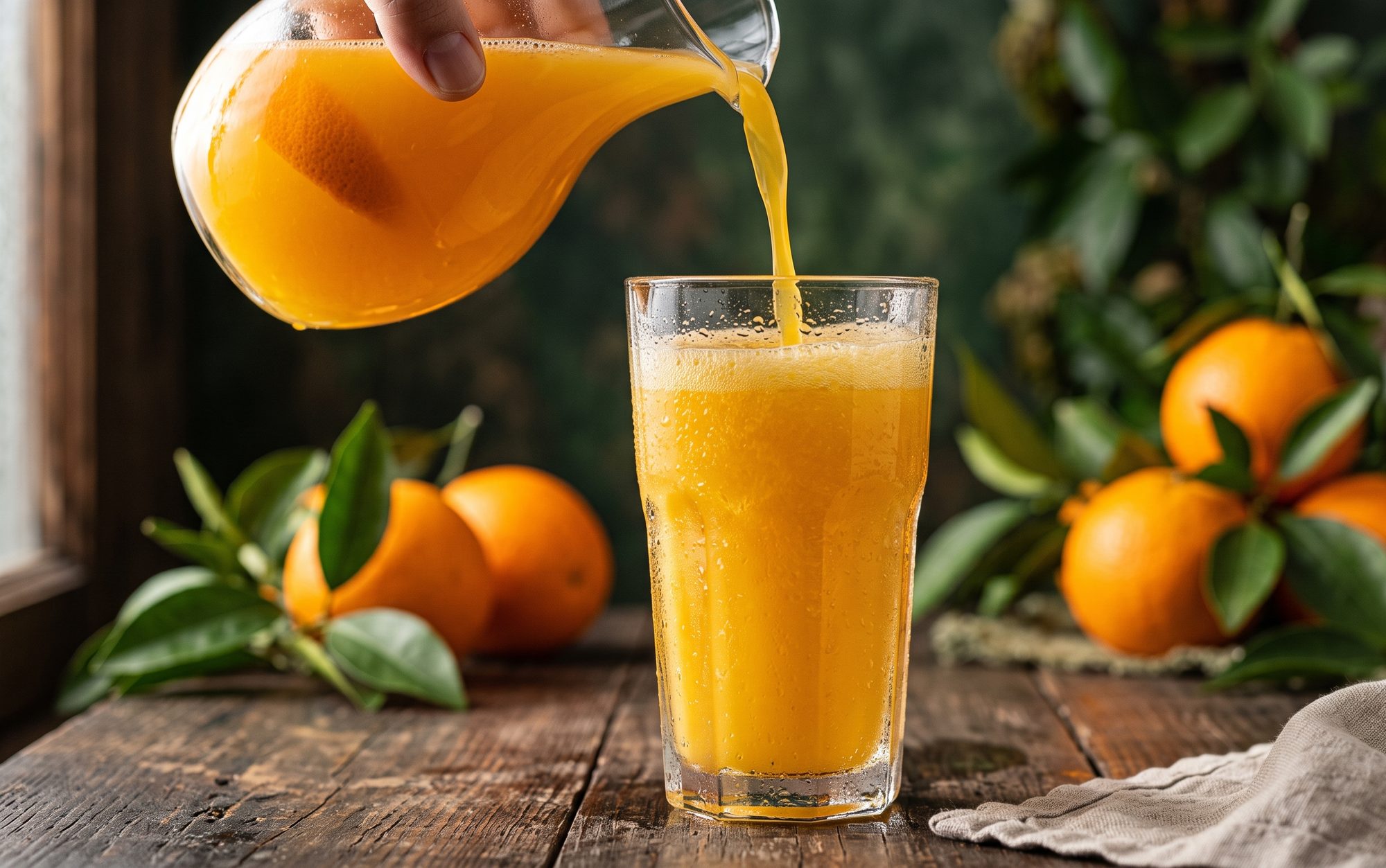 Suco de laranja fresco sendo servido no copo